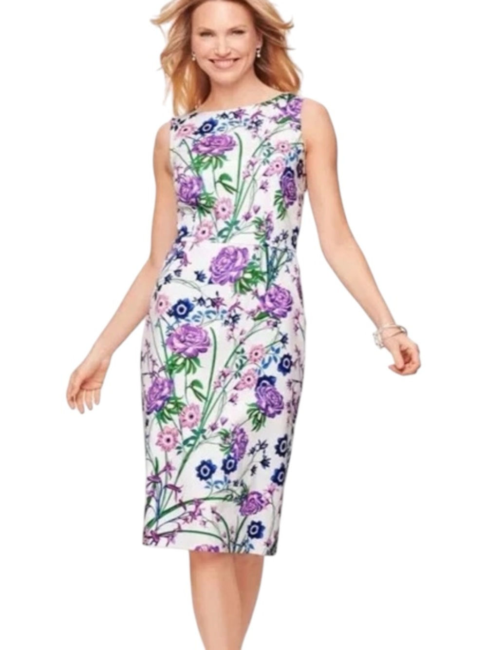 Talbots Women’s Floral Sateen Sheath Dress White Purple Green 12 Botanical Midi